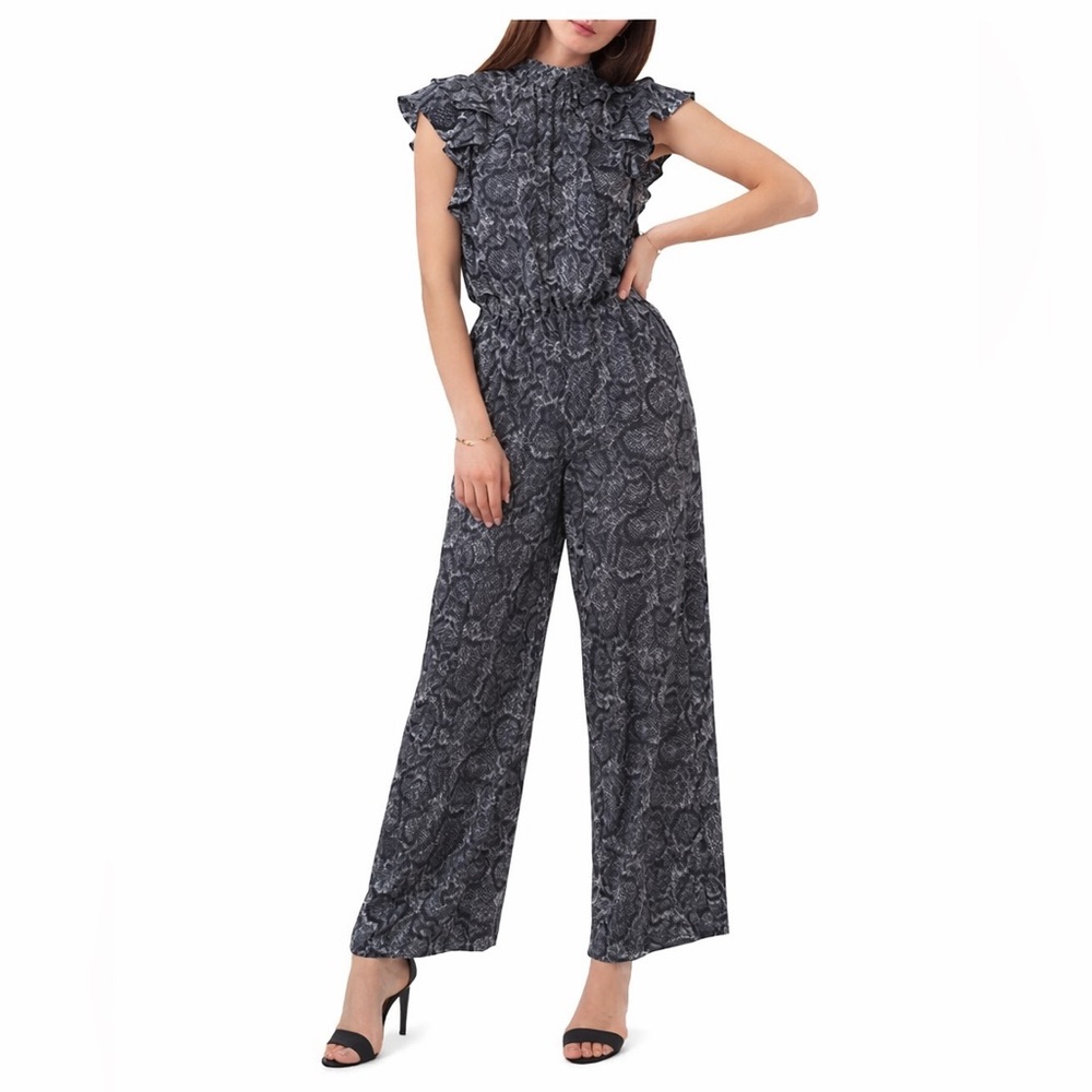 1. State Snake Print Jumpsuit Flutter Sleeve Mock Neck Wide Leg Size S